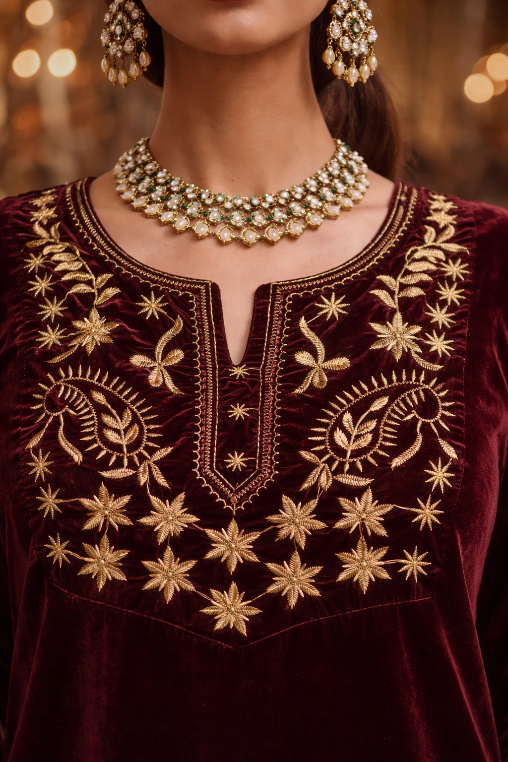 Wine Velvet Yoke Zari Embroidered Kurta set