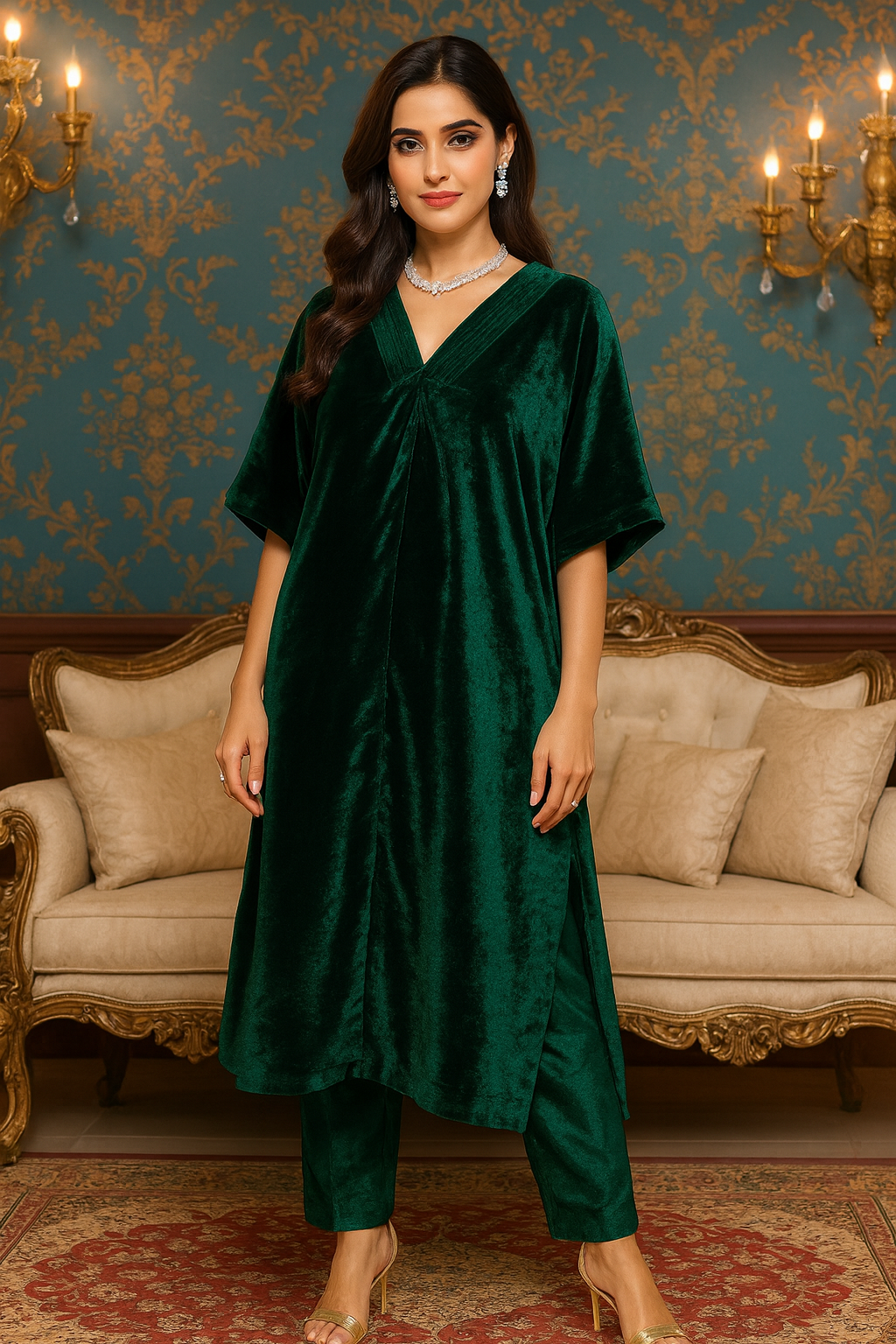 Emerald Green Velvet Kaftan Set – Gaaba
