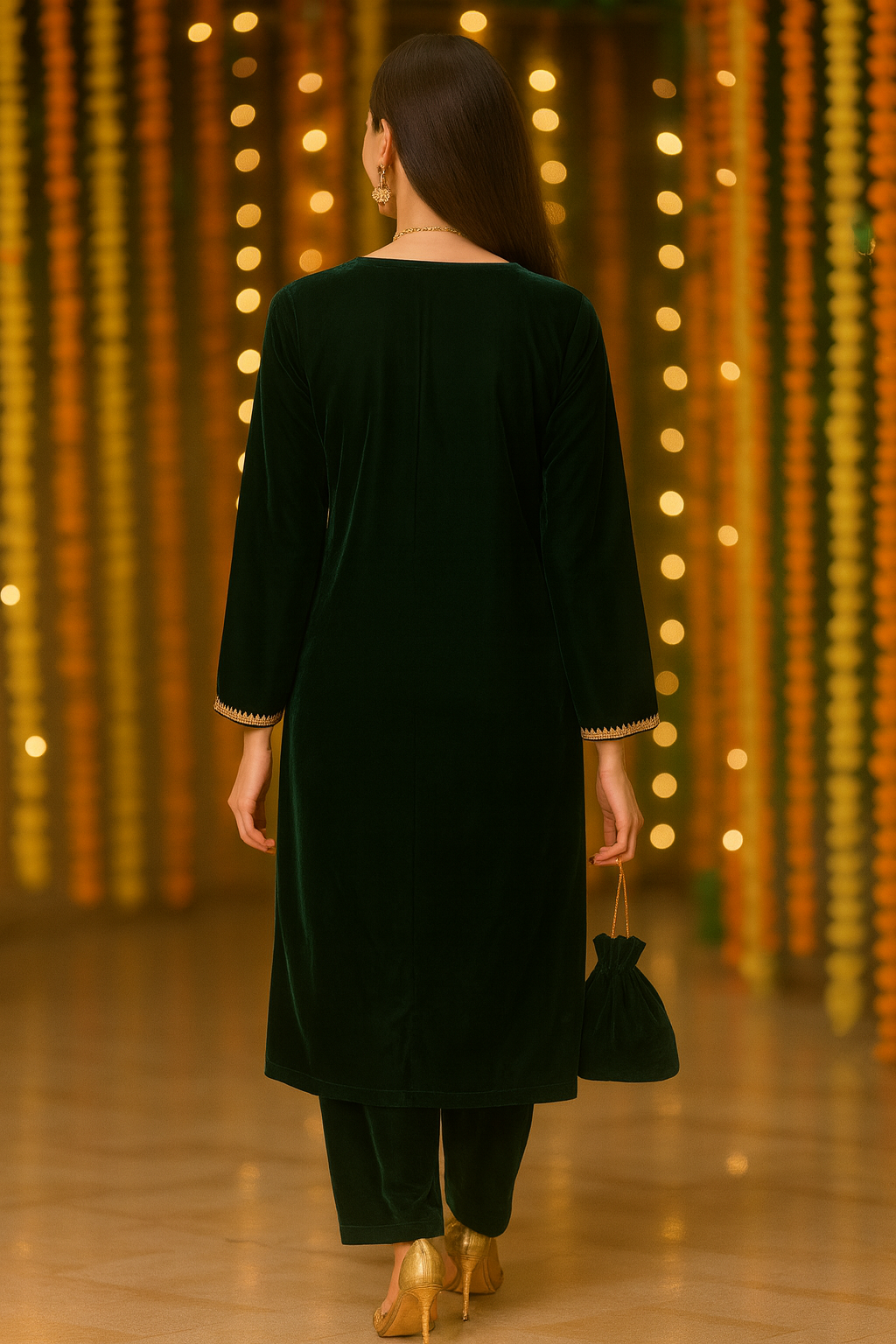 Emerald Green Velvet Yoke Zari Embroidered Kurta Set