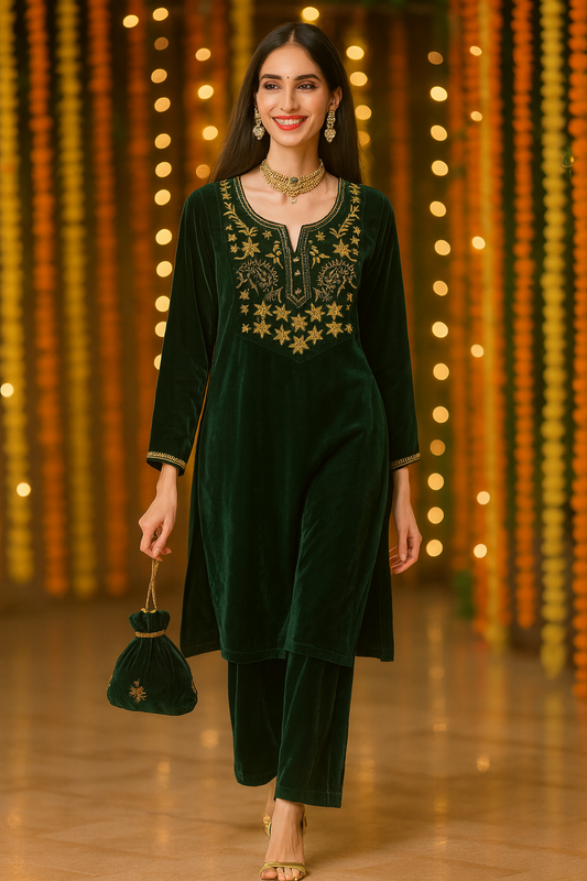 Emerald Green Velvet Yoke Zari Embroidered Kurta Set