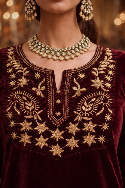 Wine Velvet Yoke Zari Embroidered Kurta set