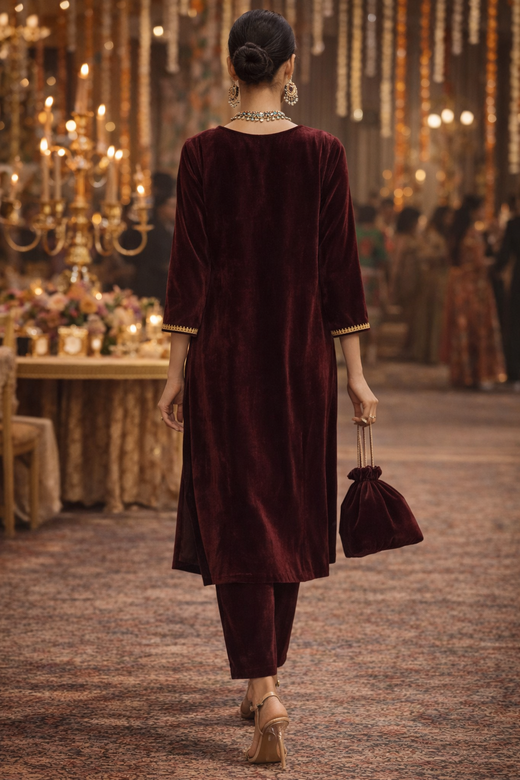 Wine Velvet Yoke Zari Embroidered Kurta set