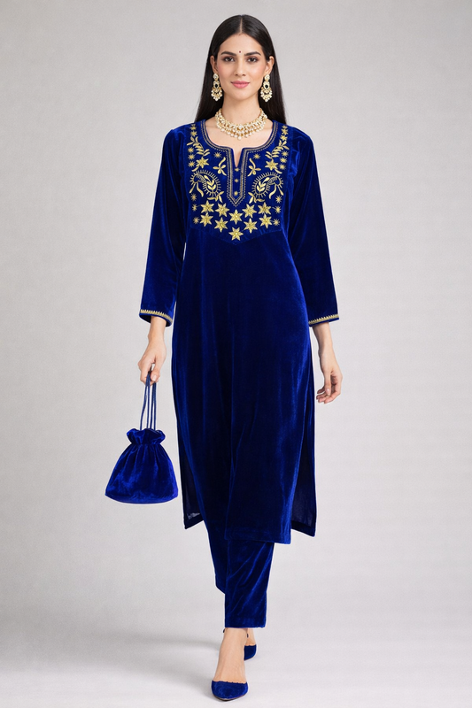 Royal Blue Velvet Yoke Zari Embroidered Kurta Set