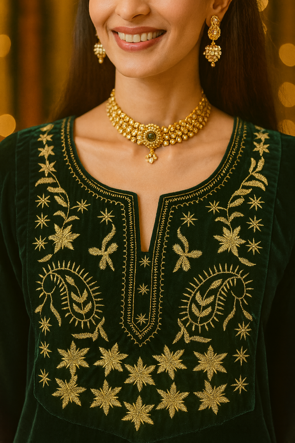 Emerald Green Velvet Yoke Zari Embroidered Kurta Set