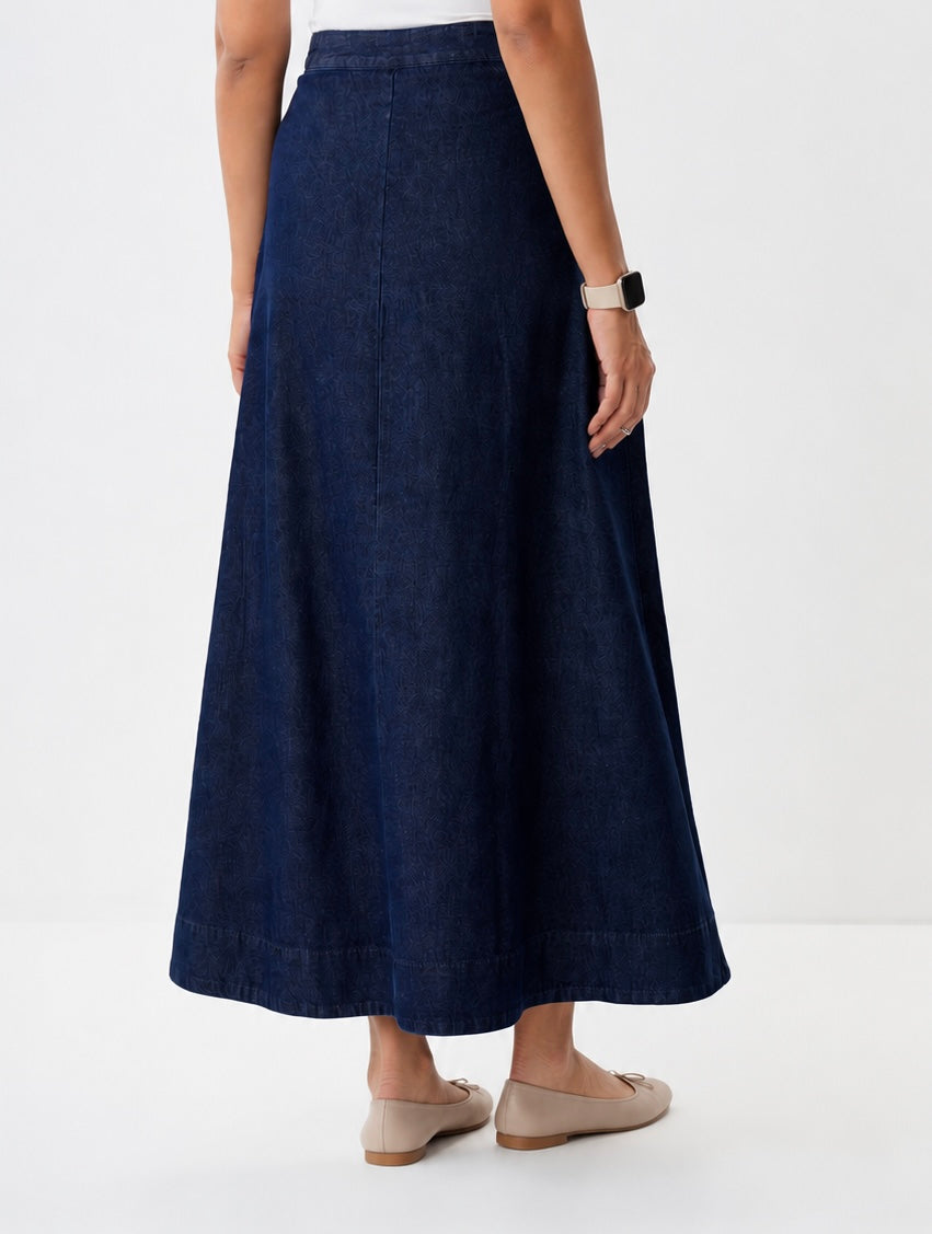 Cotton Denim A-Line Maxi Skirt