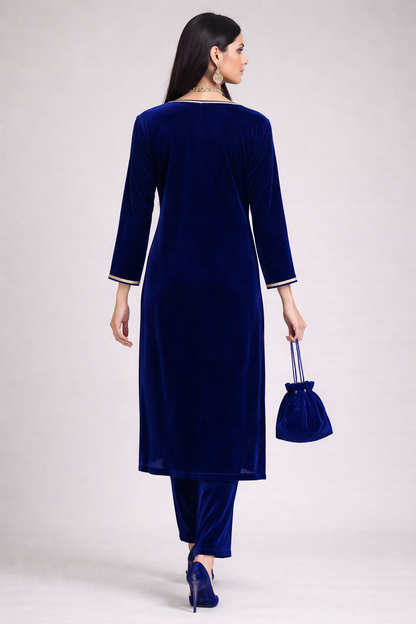 Royal Blue Velvet Yoke Zari Embroidered Kurta Set