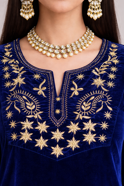 Royal Blue Velvet Yoke Zari Embroidered Kurta Set