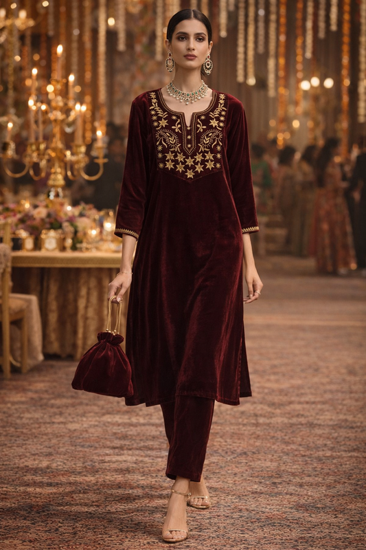 Wine Velvet Yoke Zari Embroidered Kurta set