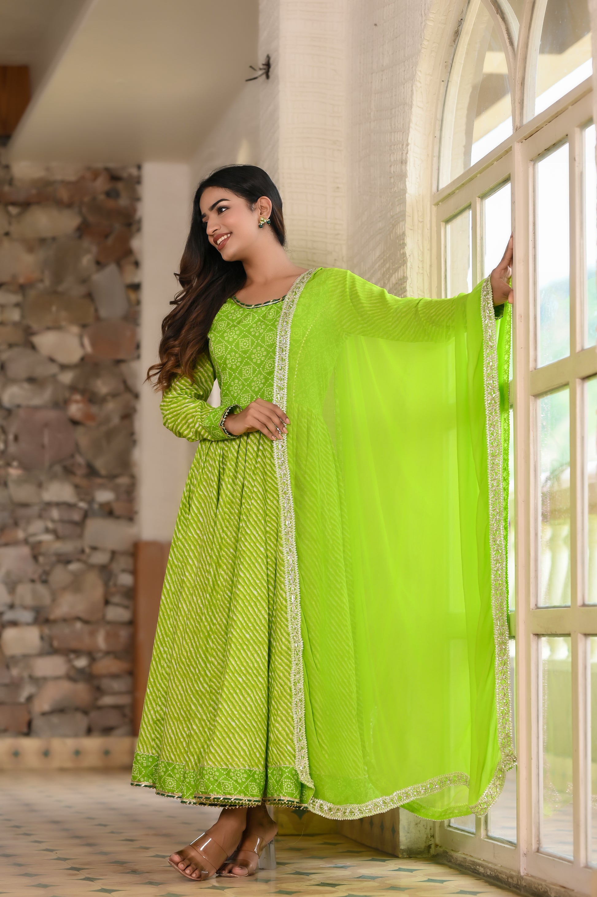 Light Green Traditional Leheriya-Bandhej Cotton Dress Gaaba Light Green Traditional Leheriya-Bandhej Cotton Dress Gaaba
