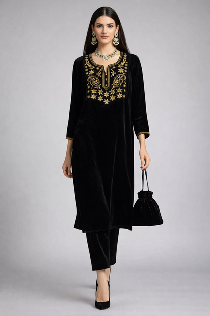 Black Yoke Velvet Zari Embroidered Kurta Set