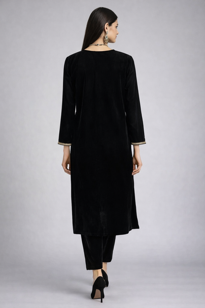 Black Yoke Velvet Zari Embroidered Kurta Set