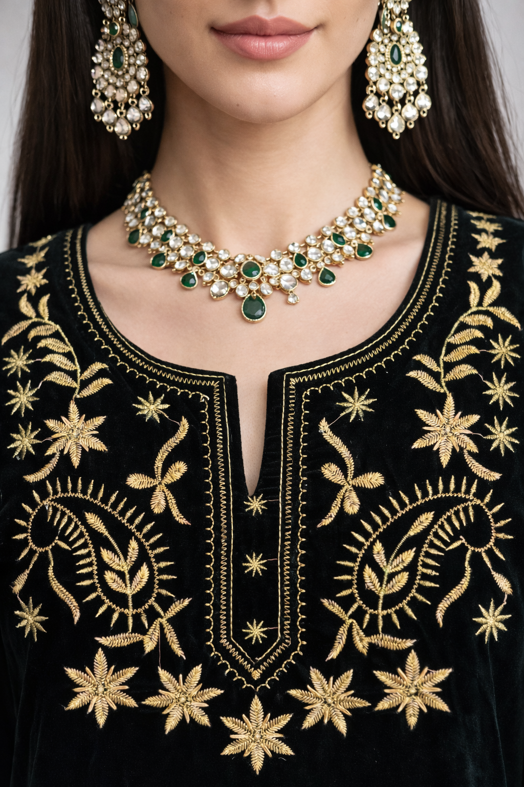 Black Yoke Velvet Zari Embroidered Kurta Set