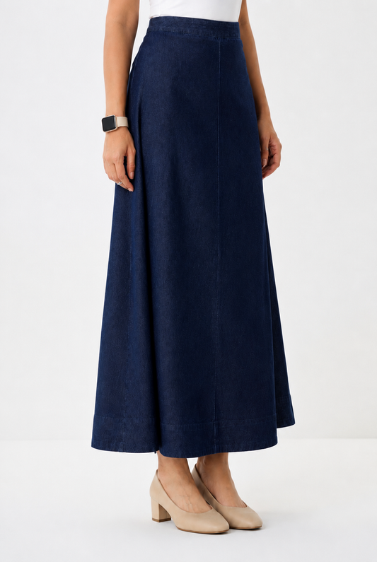 Cotton Denim A-Line Maxi Skirt
