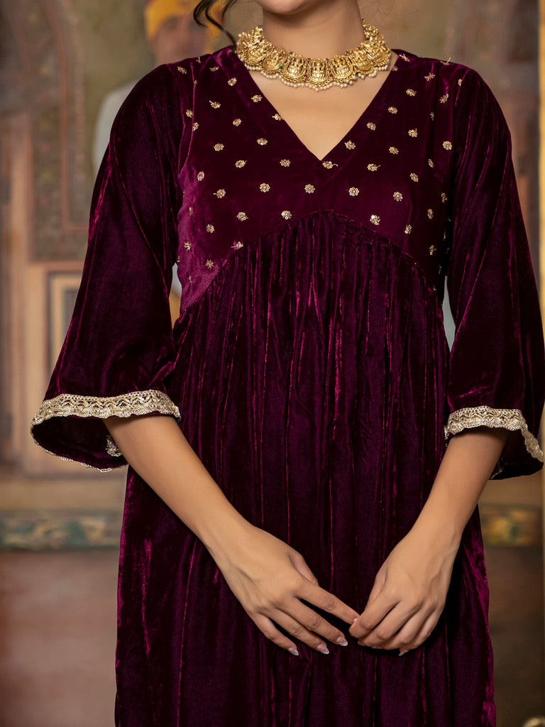 wine sequin velvet kurta set