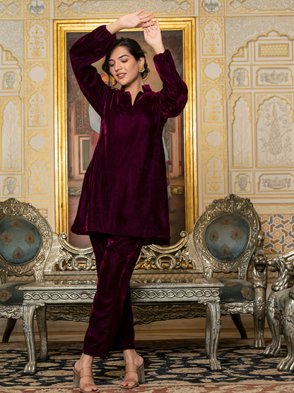 Wine collared velvet co-ord set