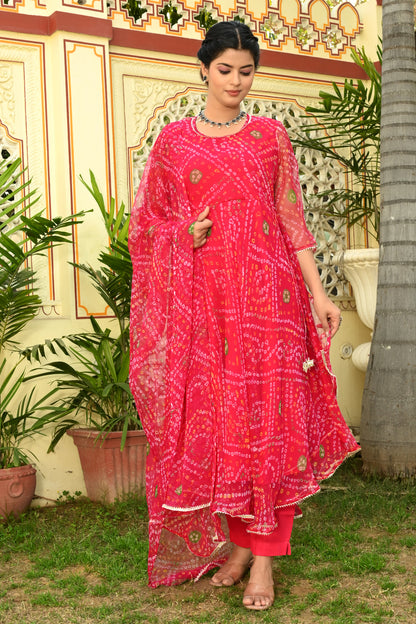 Raani Bandhej Georgette Anarkali Suit (Set of 3)