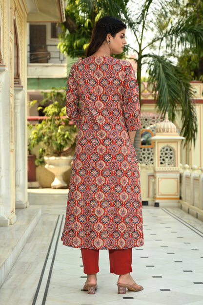 Maroon Ajrakh Printed Cotton Kurta Pants (Set of 2)